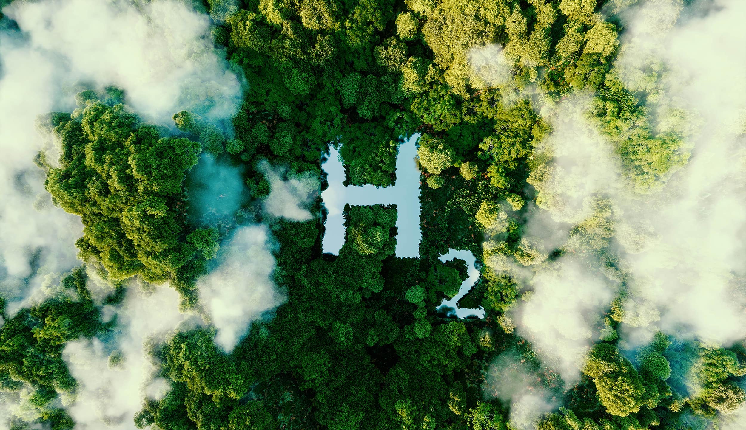 Hydrogen (H2) in a jungle/forest denoting it's ecological benefits